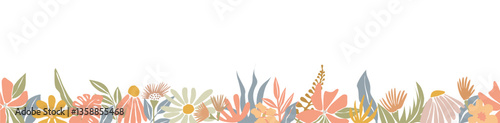 Horizontal banner, seamless border with gorgeous multicolored blooming abstract flowers and leaves. Summer botanical flat vector illustration isolated