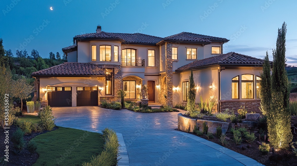 Stylish home at night illuminated by soft golden lighting modern landscaping and serene moonlight framing the scene. Stylish home at night illuminated by soft golden lighting modern landscaping and serene moonlight framing the scene.