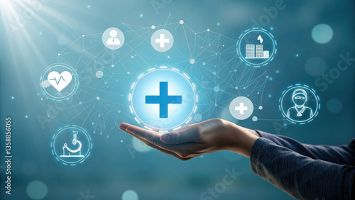 A human hand gently holding a glowing blue medical plus sign, surrounded by floating healthcare icons, symbolizing health insurance and access to medical services.