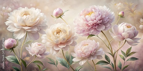 Fototapeta Naklejka Na Ścianę i Meble -  A Delicate Bouquet of Pale Pink and Cream Peonies in Full Bloom, Gracefully Arranged Against a Soft, Neutral Background