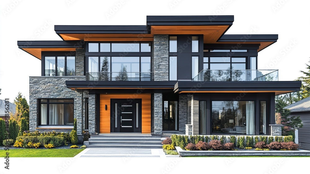 Fototapeta premium Stylish modern luxury home with a two-story layout, natural stone accents, and spacious balconies isolated on a clean white backdrop.