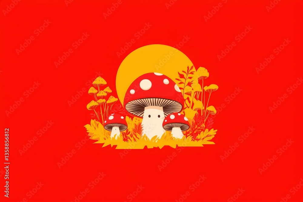 Fototapeta premium Mushrooms in the meadow in a forest with sunrise in the background for children