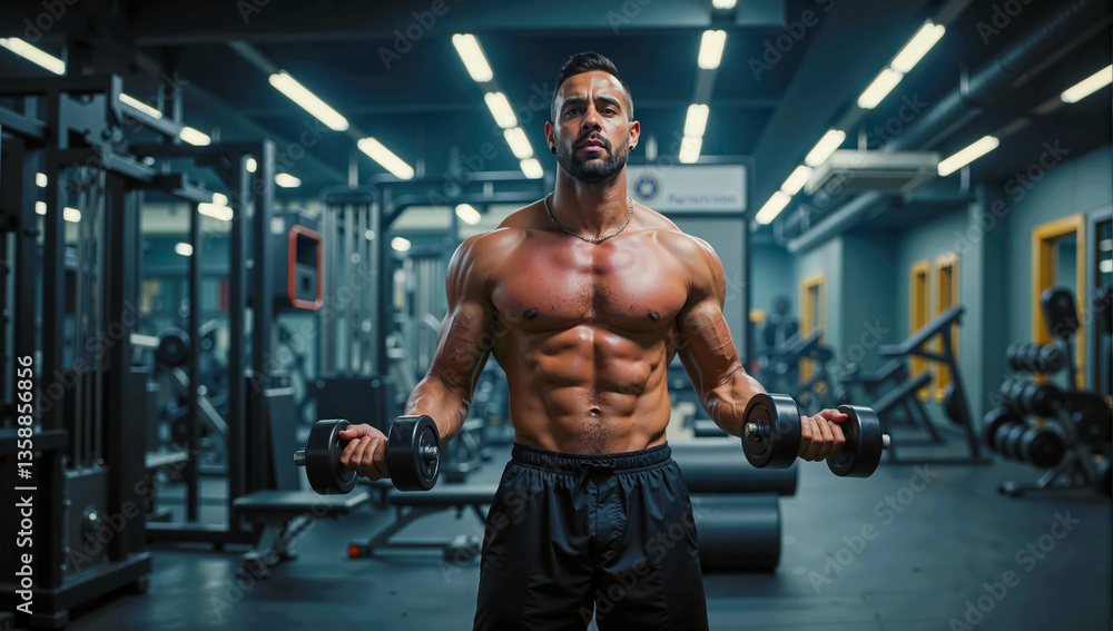 A dedicated bodybuilder lifting heavy dumbbells in a high-end gym, sweat glistening under bright LED lights, sleek modern gym interior with polished floors and state-of-the-art equipment, intense and A dedicated bodybuilder lifting heavy dumbbells in a high-end gym, sweat glistening under bright LED lights, sleek modern gym interior with polished floors and state-of-the-art equipment, intense and