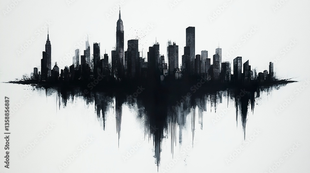 Obraz premium Stylized black silhouette of a bustling cityscape sharp edges and clean lines capturing the essence of urban life on a white canvas.