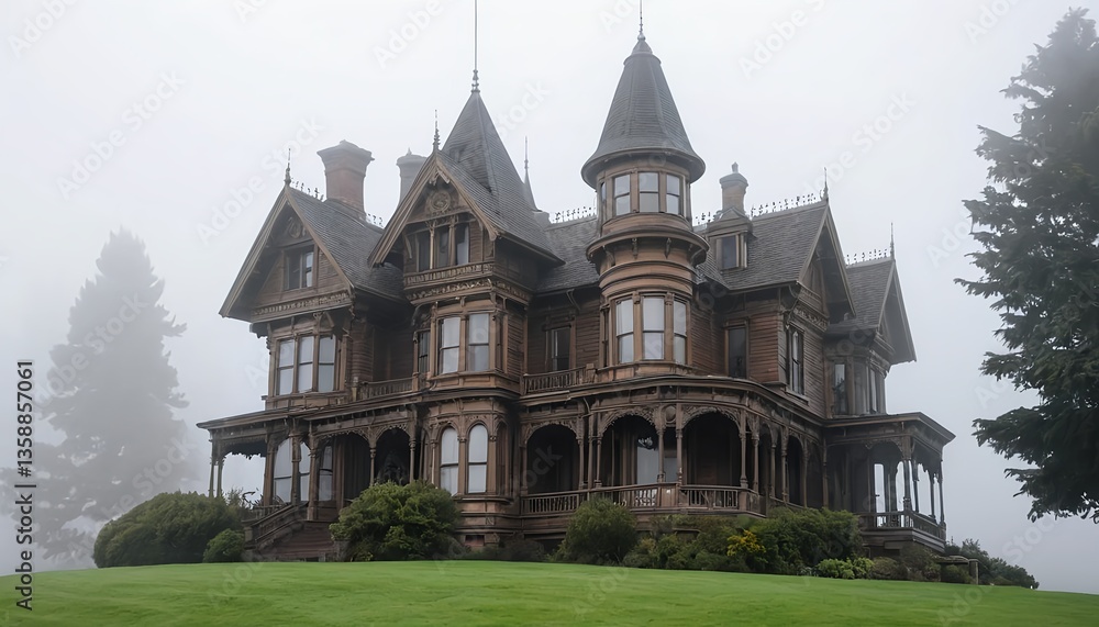 Mysterious Victorian Mansion in Fog Mysterious Victorian Mansion in Fog