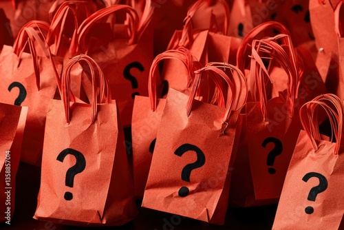 Many red gift bags with question marks at an event for prizes and promotions