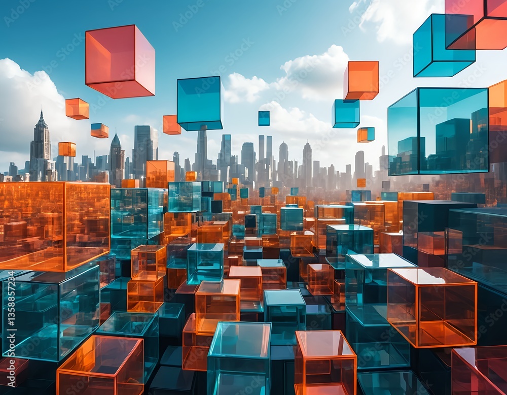 Obraz premium Abstract Cityscape with Floating Cubes