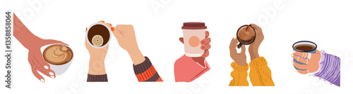 Collection of woman hands holding hot drinks and beverage. Brewing or pouring  tea, cacao, espresso coffee. Flat vector cartoon illustration isolated 