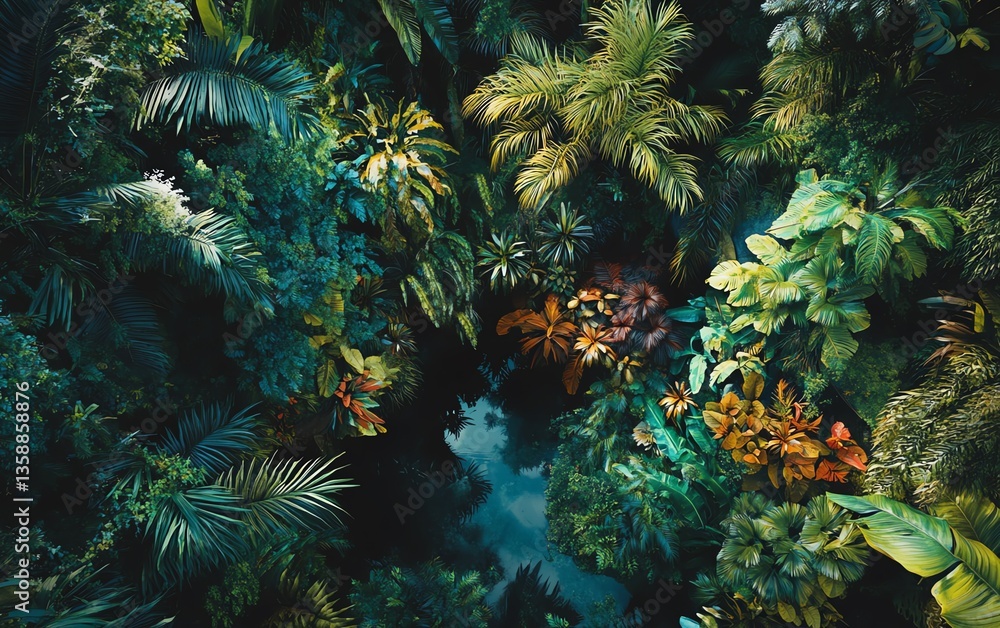 Obraz premium Aerial view of lush tropical rainforest. Vibrant green foliage, palm trees, and a hidden pool create a stunning natural scene.