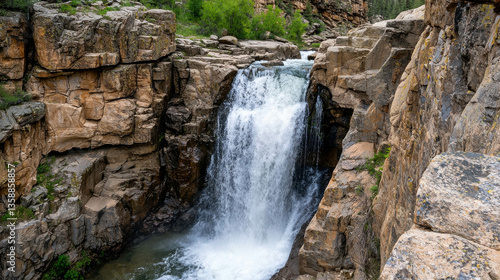 Majestic Waterfall Cascading Over Rocky Cliff Surrounded by Lush Greenery and Natural Beauty