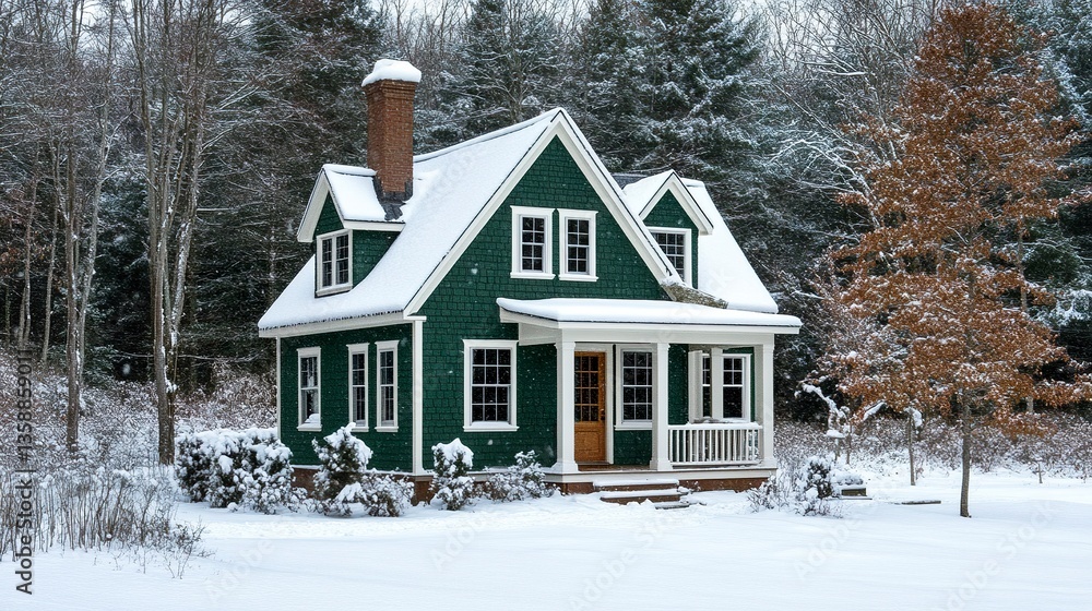 Naklejka premium Traditional New England green home with white trim roof draped in snowbanks crisp winter air serene atmosphere. 