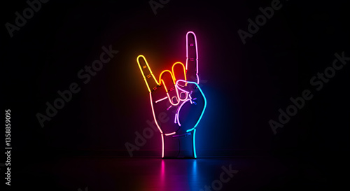 Vibrant Neon Sign of a Hand Forming Rock and Roll Gesture Against a Dark Background