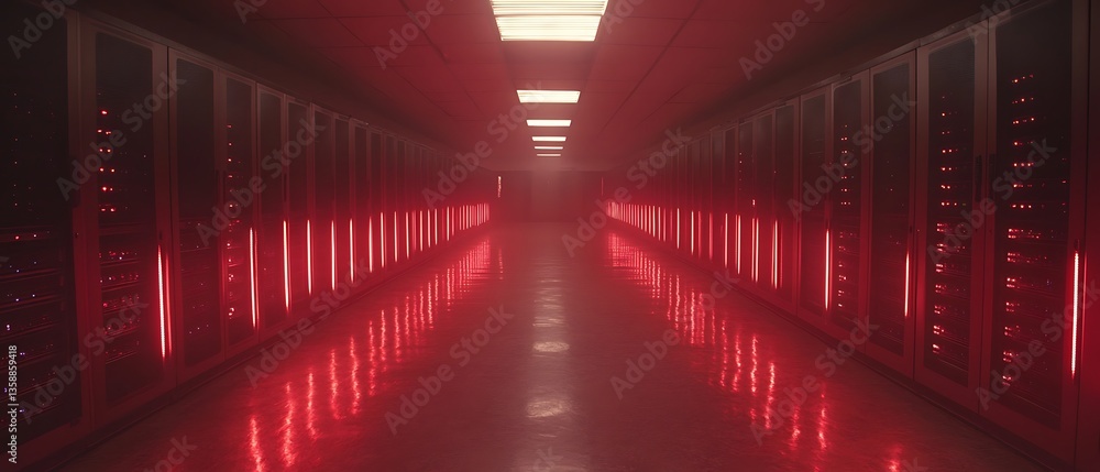 Fototapeta premium A long data center corridor with glowing red lights