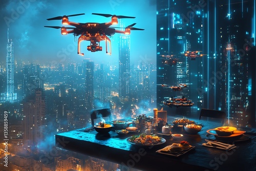 Futuristic drone delivering food to a table overlooking a vibrant, neon-lit cityscape at night.  Concept of technological advancement and convenience in urban dining.