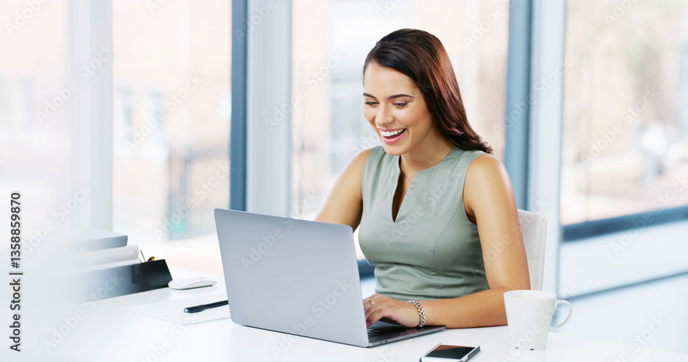 Office, businesswoman and laughing with laptop for research, news story and smile for publication. Career, female person and journalist with tech for website blog, information and online for article Office, businesswoman and laughing with laptop for research, news story and smile for publication. Career, female person and journalist with tech for website blog, information and online for article