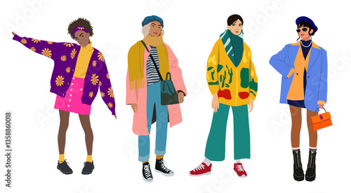 Modern women collection. Vector realistic illustration of diverse multinational cartoon girls in casual street fashion autumn outfit, knitted vintage clothes. Isolated