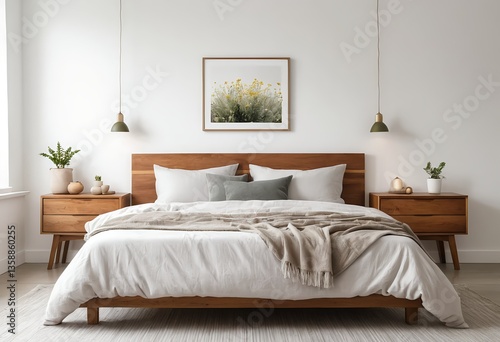 Modern Minimalist Bedroom Interior with Wooden Bed and Botanical Print