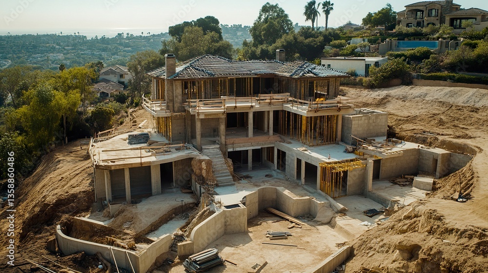 Fototapeta premium Under-construction home with visible framework surrounded by raw building materials soft earthy tones clear backdrop. 