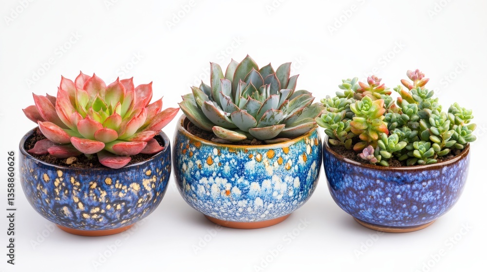 Unique Succulents in Colorful Containers on White Background Unique Succulents in Colorful Containers on White Background
