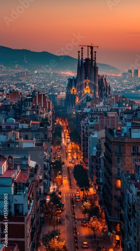 Barcelona cityscape street view at dawn