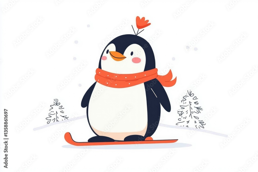 Fototapeta premium Cute penguin skiing down a snowy hill with trees, for winter holiday cards