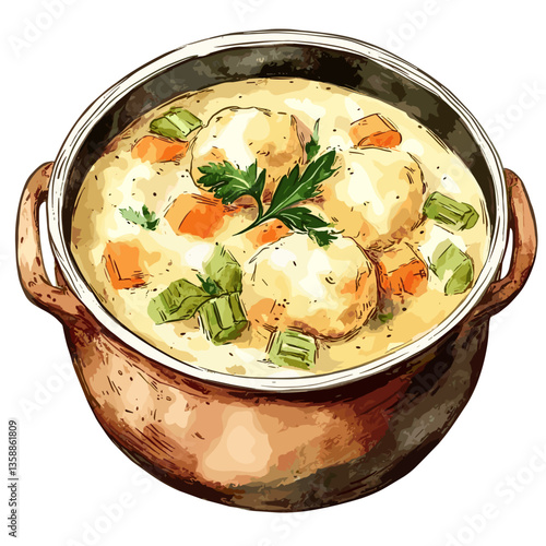 Watercolor Knoephla Soup with Dumplings and Vegetables