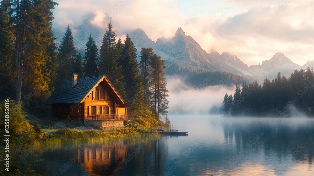 Fototapeta premium Wooden house by a glassy lake surrounded by towering pines fog rolling over distant mountains warm dusk light cinematic view. 