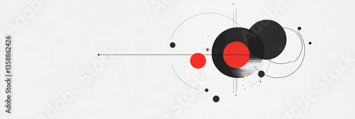 Abstract geometric shapes in black, red, and gray, suggesting interconnectedness and data flow. The shapes create a dynamic composition 