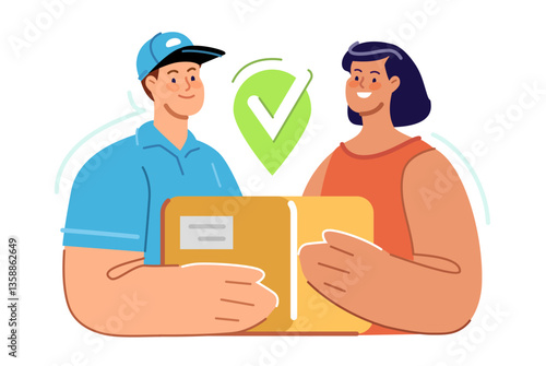 Delivery service, online shopping concept. Client receives parcel from courier at home. Vector illustration flat design