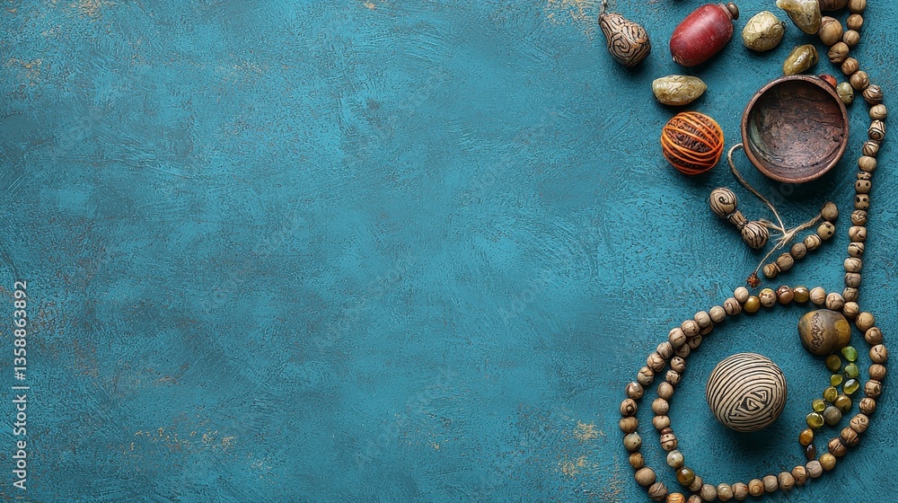Naklejka premium Bohemian Decor Teal Textured Background with Wooden Beads and Stones