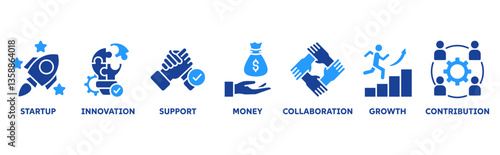 Crowdfunding icon set illustration concept with icon of startup, innovation, support, money, collaboration, growth, contribution 