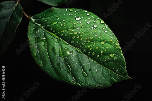 green leave with water drop on black background
