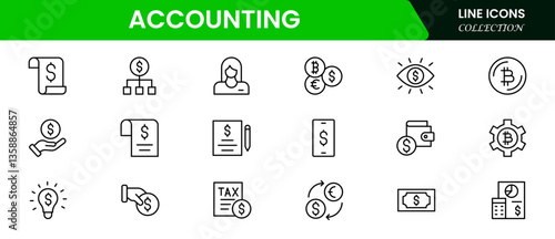 Accounting set of web icons in line style. Accounting and audit icons for web and mobile app. Containing finance report and audit, invoice, tax return, accounting, auditing, inspection and more.