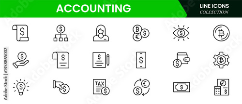 Accounting set of web icons in line style. Accounting and audit icons for web and mobile app. Containing finance report and audit, invoice, tax return, accounting, auditing, inspection and more.