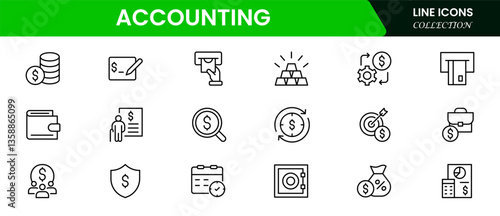 Accounting set of web icons in line style. Accounting and audit icons for web and mobile app. Containing finance report and audit, invoice, tax return, accounting, auditing, inspection and more.