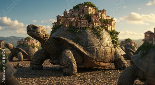 Giant Tortoise Carrying Medieval Town Fantasy Landscape Surreal Art Digital Painting
