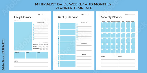 Minimalist Blue planner pages templates. Organizer page, daily, weekly and monthly control book. Life planners, weekly and days organizers or office schedule list. Graphic organization paper vector.	