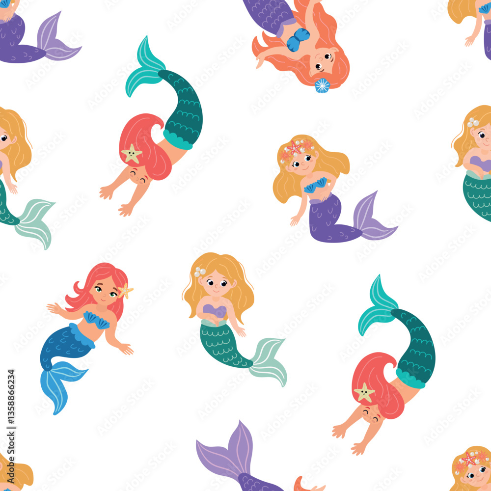 Obraz premium Seamless pattern with cute mermaids. Design for fabric, textile, wallpaper, packaging