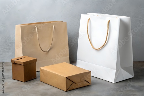 Sustainable Paper Bags and Cardboard Boxes, A set of eco-friendly paper bags and cardboard boxes in neutral tones, promoting sustainable packaging solutions for shopping, gifting, and retail use.  
