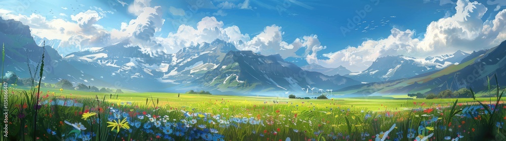Obraz premium beautiful grassland surrounded by snowcapped mountains