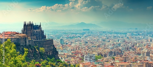 Panoramic view of city with historic cathedral on hilltop