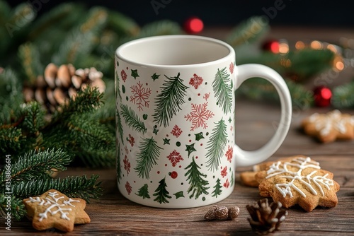 Wallpaper Mural Festive White Mug with Christmas Tree Pattern on Rustic Wooden Table Torontodigital.ca