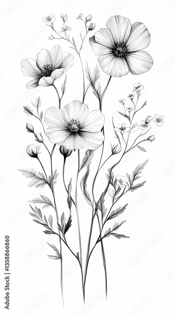 Delicate monochrome sketch of blooming flowers with intricate details and soft petals against a clean background Delicate monochrome sketch of blooming flowers with intricate details and soft petals against a clean background