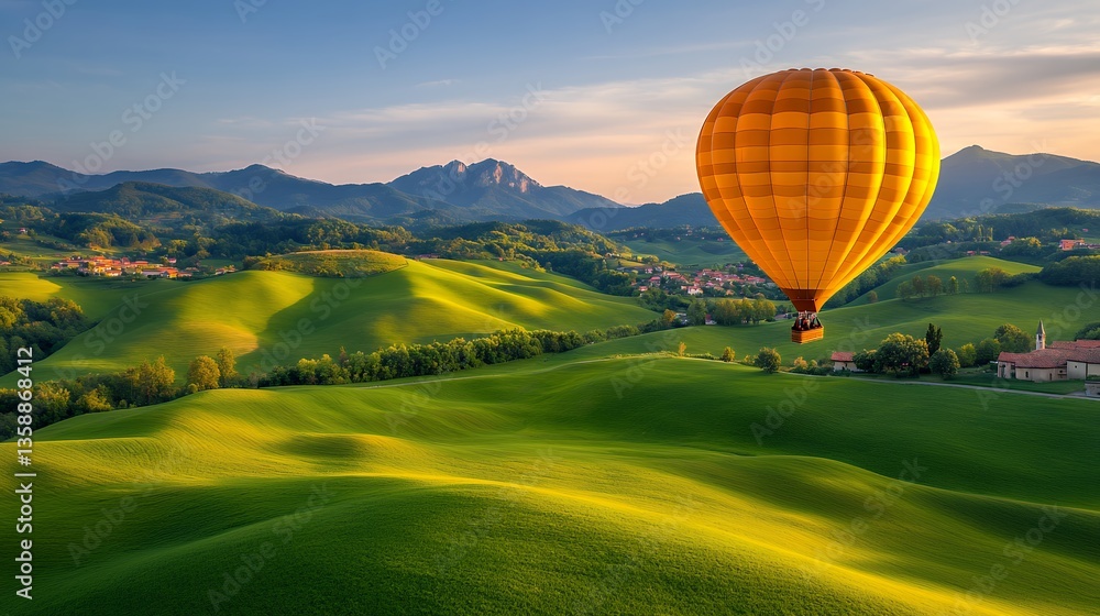Naklejka premium Serene Hot Air Balloon Flight Over Rolling Green Hills at Sunrise, Aerial View of Tranquil Landscape