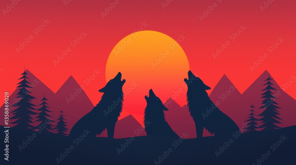 Fototapeta premium Howling Wolves Silhouette Against Vibrant Sunset Background