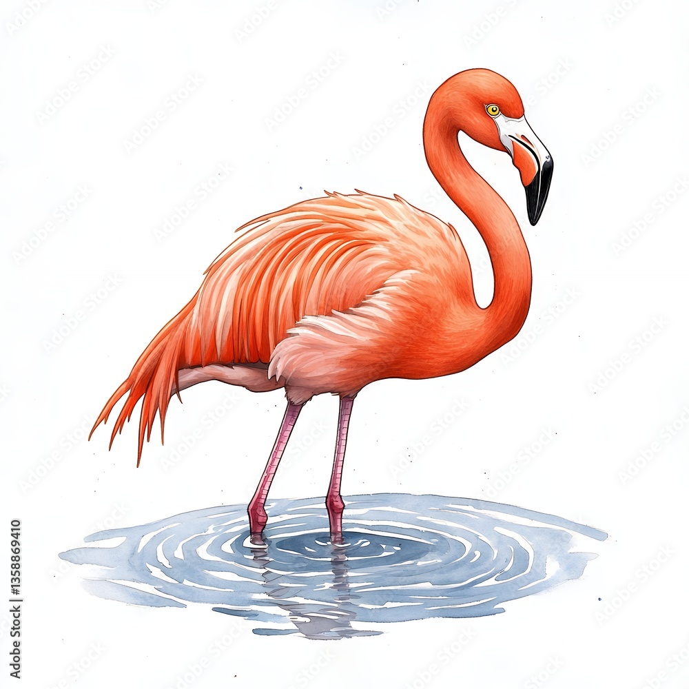 Obraz premium Serene Watercolor Painting of a Flamingo in Shallow Water, Delicate Pink Feathers and Elegant Pose
