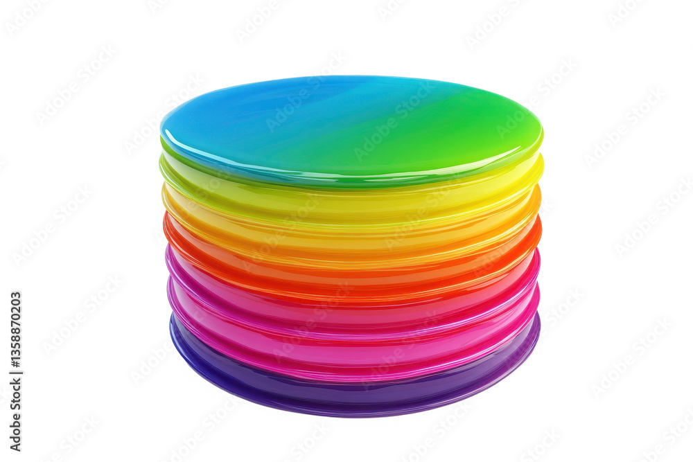 A stack of colorful round discs arranged in a tower with a rainbow color gradient effect design A stack of colorful round discs arranged in a tower with a rainbow color gradient effect design
