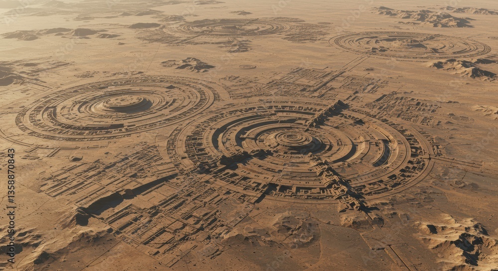 Naklejka premium Aerial View of Futuristic Circular City Ruins in Desert Landscape