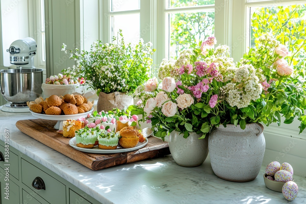 Bright Kitchen Countertop with Marble Pastries and Floral Potted Plant Decoration Bright Kitchen Countertop with Marble Pastries and Floral Potted Plant Decoration