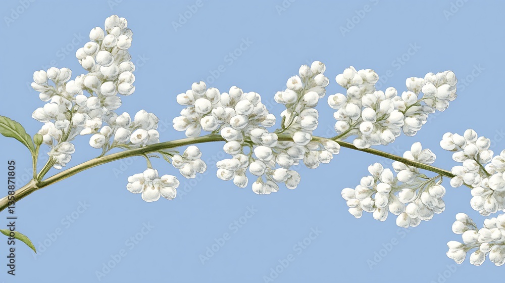 Delicate white flower branch against a light blue background. Delicate white flower branch against a light blue background.